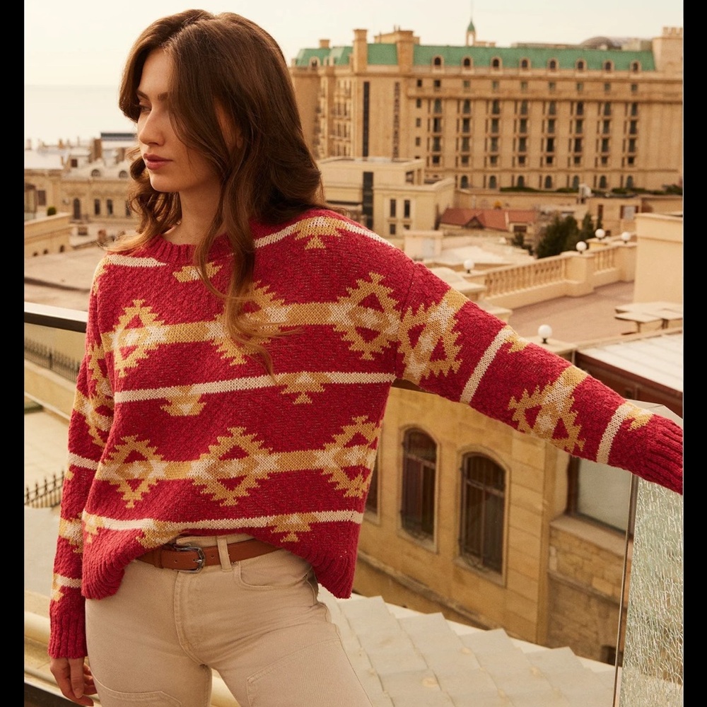 Bohera Karlie Kay Aztec Sweater Red‎ Gold Western Crewneck Women’s Size Large